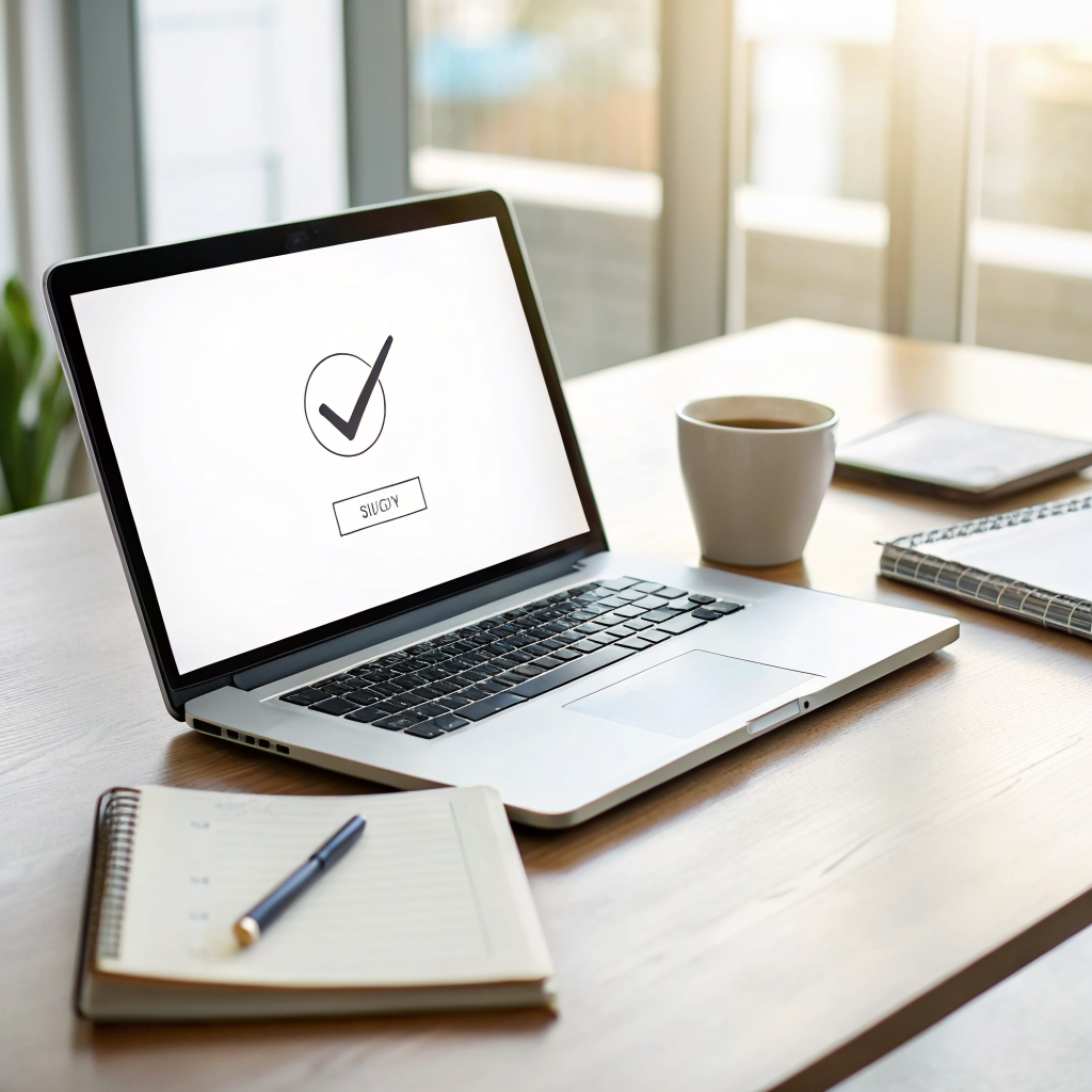 Laptop and notebook showing a simple checklist for building a website