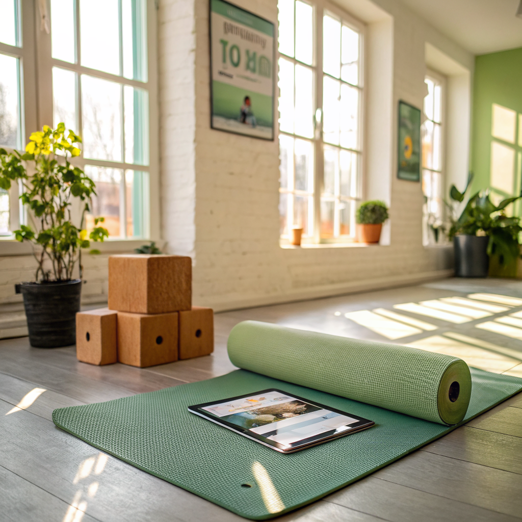 Yoga mat in a studio with a tablet showing a yoga studio website